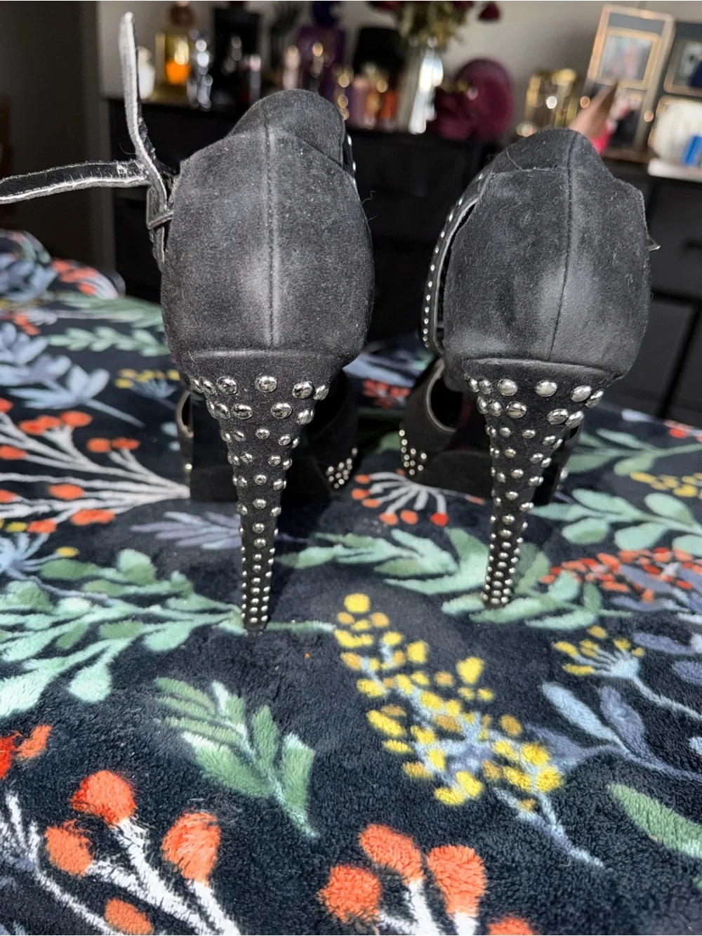 Studded Black Suede Platform Heels with Ankle Straps
